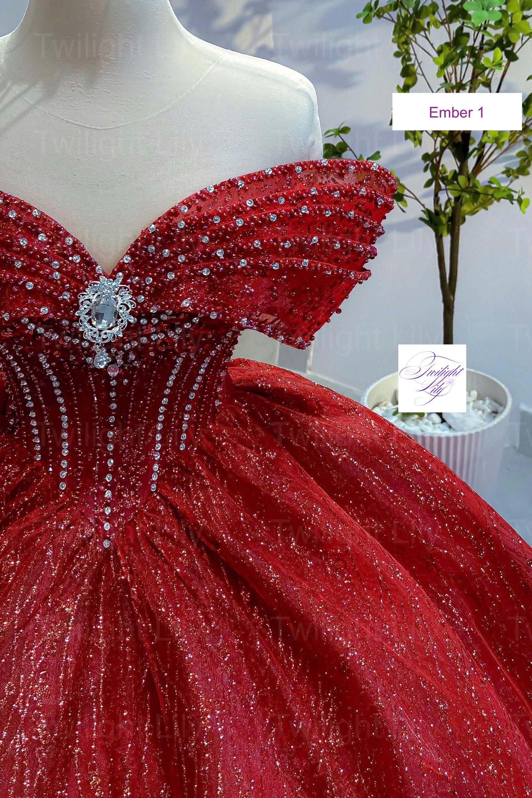Ember sparkly beaded red illusion off the shoulder wedding/prom ballgown dress with glitter tulle