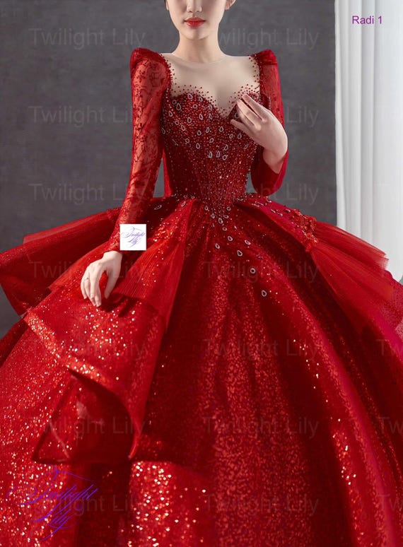 Radi sparkly beaded red long or short sleeves wedding/prom ballgown dress with glitter tulle