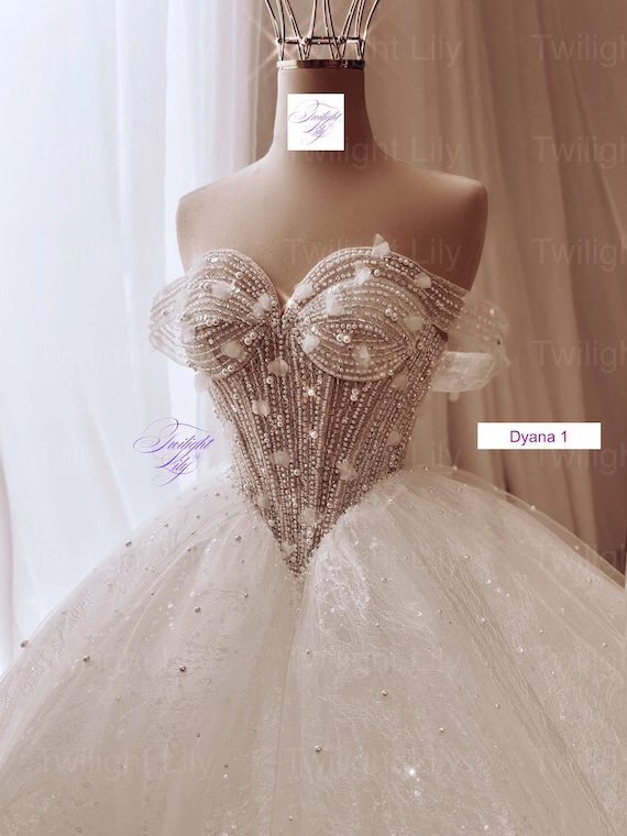 white and gold wedding guest dress Luxury Pearl Beaded Wedding Dress V Neck Satin Ball Gown main image 1
