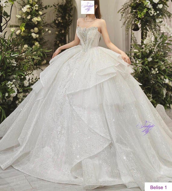 Belise Beaded off the Shoulder Sleeveless Sparkly White Ballgown Wedding  Dress With Tiered Skirt and Glitter Tulle - Etsy