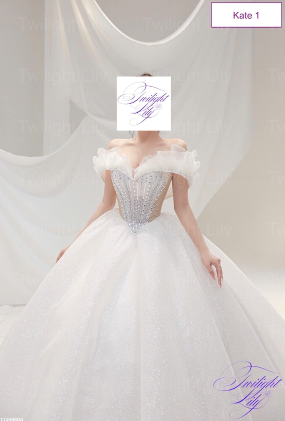 Kate off the Shoulder Drop Sleeves Beaded Sparkly White Ballgown Wedding  Dress With Glitter Tulle and Basque Waist - Etsy