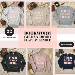 22 Book worm Bookish Reading Flat Lay Sweatshirt Mockup Bundle | Gildan 18000 mockup | Sweatshirt mockup | Cosy Neutral aesthetic mockup