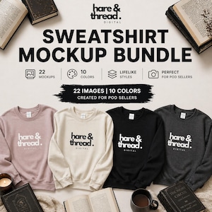 Puede incluir: Imagen promocional de un paquete de maquetas de sudaderas. Se muestran cuatro sudaderas de diferentes colores, incluyendo rosa, crema, negro y gris. Cada una tiene el logo "hare & thread. DIGITAL". El texto de la imagen destaca 22 maquetas y 10 colores.