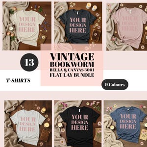 13 Vintage Tee Bookworm Mockup | Flat Lay Mock Up | Vintage Neutral Aesthetic | Bella Canvas 3001 Mockup | Casual Mocks | Bookish Mock Up