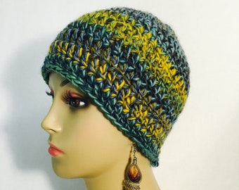 Crochet Hat In Green Blue and Yellow, winter hat, green hat, boho hat