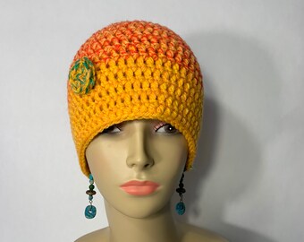 Orange hat crochet ombré with yarn button crocheted hat