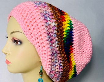 Pink and Multi Striped Tam boho hat hippie hat winter hat funky tam