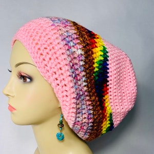 Pink and Multi Striped Tam boho hat hippie hat winter hat funky tam afbeelding 1