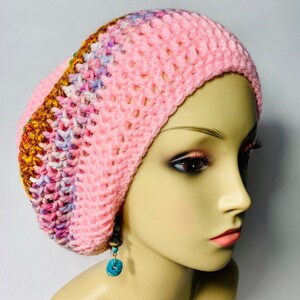 Pink and Multi Striped Tam boho hat hippie hat winter hat funky tam afbeelding 2