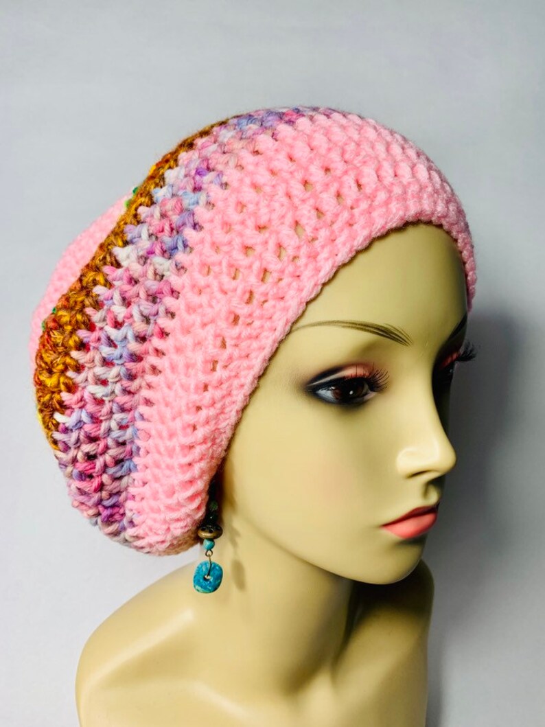 Pink and Multi Striped Tam boho hat hippie hat winter hat funky tam afbeelding 2