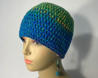 Crochet hat blue green yellow ombré