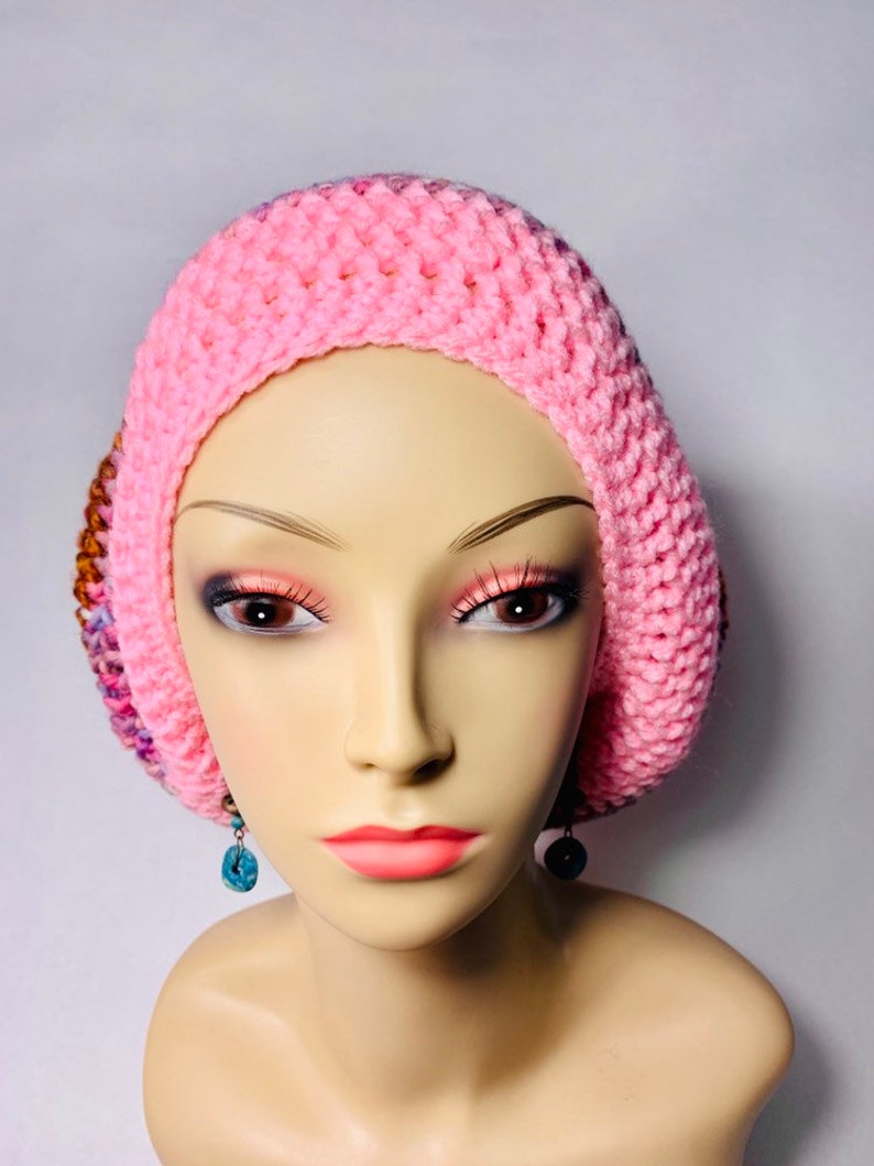 Pink and Multi Striped Tam boho hat hippie hat winter hat funky tam afbeelding 3