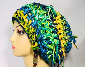 Bohemian Thinking Hat boho hat, crochet hat, tam, dreads, hippie hat, funky hat, colorful hat, winter hat, green hat, dreadlocks