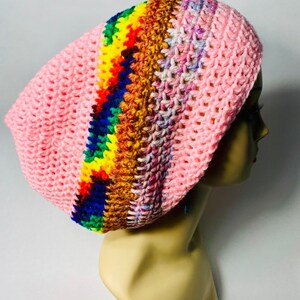 Pink and Multi Striped Tam boho hat hippie hat winter hat funky tam afbeelding 4