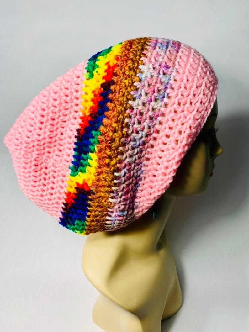 Pink and Multi Striped Tam boho hat hippie hat winter hat funky tam image 4