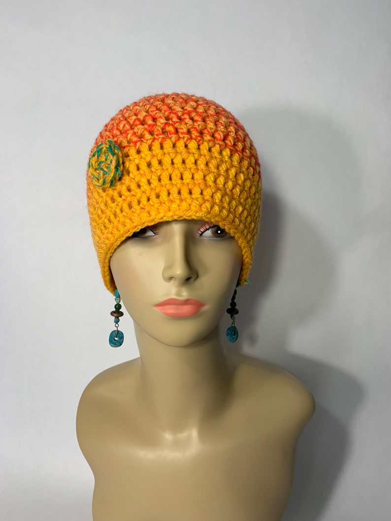 Orange hat crochet ombré with yarn button crocheted hat image 1