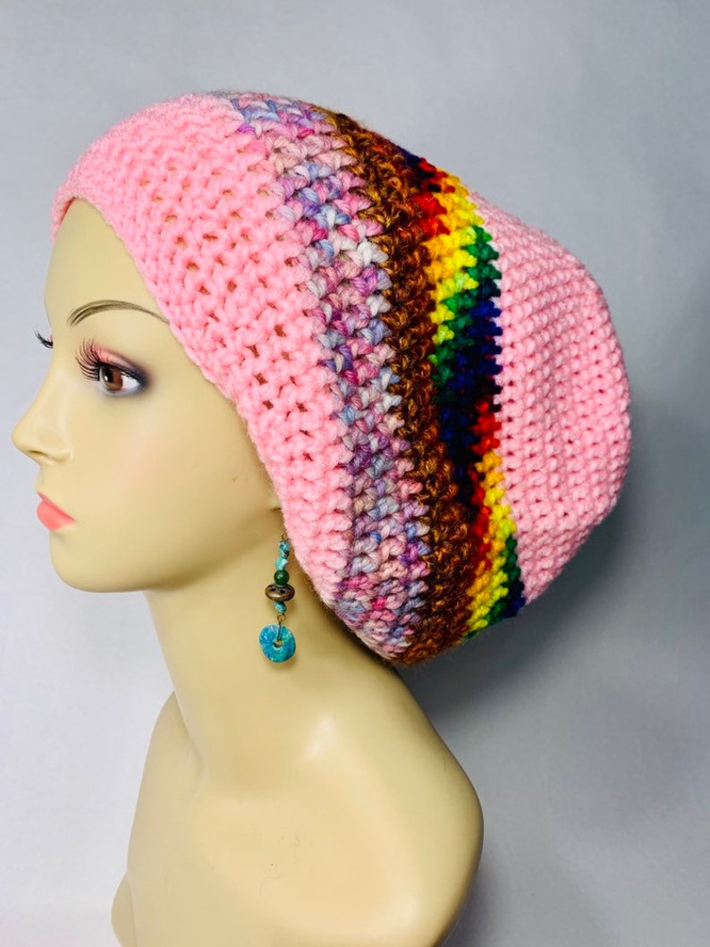 Pink and Multi Striped Tam boho hat hippie hat winter hat funky tam afbeelding 1