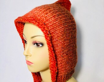 Red Pixie Hood, winter hat, red riding hood, red hat, pixie hat