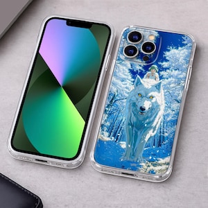 May include: A clear smartphone case featuring a graphic of a large white wolf with yellow eyes and a small figure riding on its back, set against a snowy blue forest background, displayed on a smartphone with a vibrant green and purple screen.