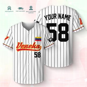 May include: A white baseball jersey with black pinstripes, featuring the text Veneka in red and yellow script on the front, the number 58, and a Venezuelan flag. The back displays the text YOUR NAME and the number 58 in bold black lettering.