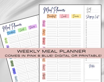 Planificador de comidas semanal, planificador de comidas imprimible y digital, lista de compras, registro de comidas, diario de comidas, planificador de comidas imprimible, plantilla digital
