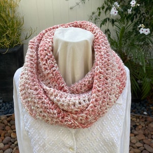 Pink Crochet Infinity Cowl Scarf, Christmas Gift, Holiday Gift, Mobius Scarf, Winter Scarf image 1