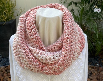 Pink Crochet Infinity Cowl Scarf, Christmas Gift, Holiday Gift, Mobius Scarf, Winter Scarf