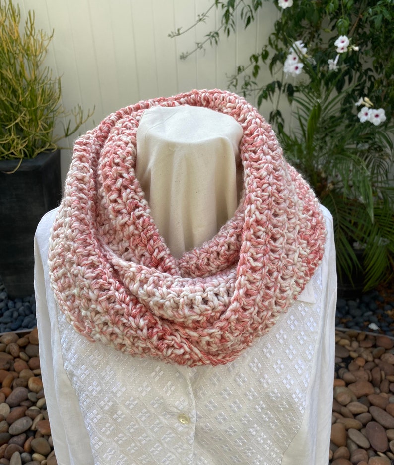 Pink Crochet Infinity Cowl Scarf, Christmas Gift, Holiday Gift, Mobius Scarf, Winter Scarf image 1