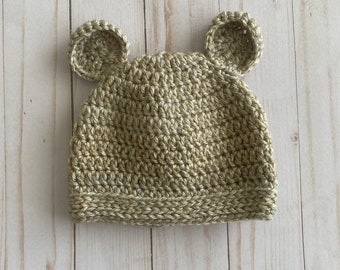 Beige Cuddly Soft Crochet Baby Bear Hat - 6 mo. to 1 yr.