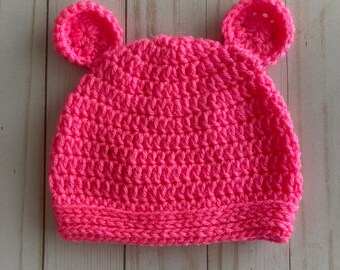 Neon Pink Cuddly Soft Crochet Baby Bear Hat - 6 mo. to 1 yr.