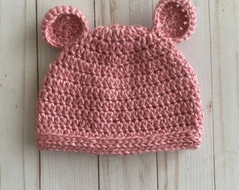 Pink Cuddly Soft Crochet Baby Bear Hat - 6 mo. to 1 yr.