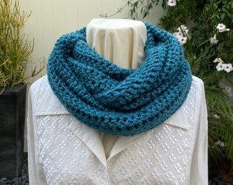 Dark Tourquoise Blue Crochet Infinity Cowl Scarf, Christmas Gift, Holiday Gift, Mobius Scarf, Winter Scarf