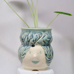 May include: A quirky ceramic plant pot with a face design, in light blue and cream. The top section has a leaf pattern, and the face has a smiling expression. It contains a green plant with several leaves.