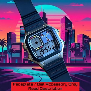 May include: A digital watch with a black band and a silver-toned face. The watch face displays the time as 19:55:00. The watch has multiple buttons and a retro design. The text "Faceplate / Dial Accessory Only Read Description" is at the bottom.