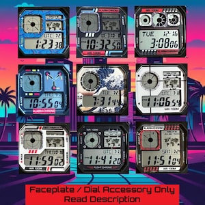 May include: A collection of nine digital watch faceplates with various designs and displays. Each faceplate features a square shape with digital time displays, buttons, and text. The text "Faceplate / Dial Accessory Only Read Description" is at the bottom.