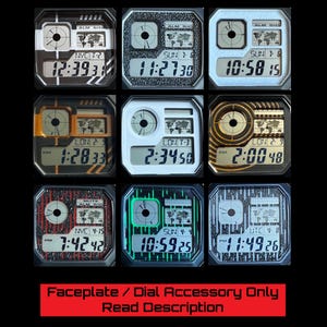 May include: Nine digital watch faceplates with various designs and time displays. The faceplates feature different color schemes, including white, black, orange, and red. Each faceplate displays the time, day, and other information. The text "Faceplate / Dial Accessory Only Read Description" is at the bottom.