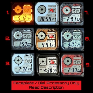 May include: Nine square watch faceplates with digital displays. Each faceplate has a different color scheme, including orange, silver, gold, and red. The displays show the time, date, and other functions. The text at the bottom reads "Faceplate / Dial Accessory Only Read Description."