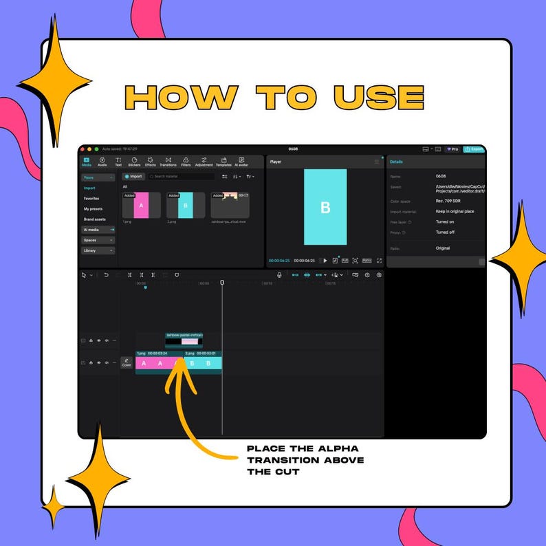 May include: A digital tutorial graphic titled HOW TO USE featuring a screenshot of video editing software. The interface displays a timeline with two clips labelled A and B, with an orange arrow pointing to an alpha transition placed above the cut.