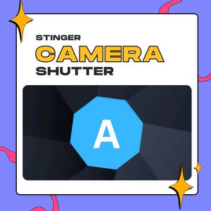 May include: A graphic with the text "STINGER CAMERA SHUTTER." A blue octagon with a white "A" is centered within a dark geometric shape. The background is a light purple with yellow starburst accents.