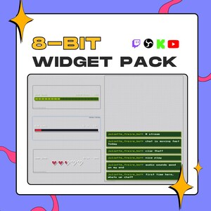 May include: An 8-bit widget pack for streaming featuring the text 8-BIT WIDGET PACK, icons for Twitch, OBS, Kick, and YouTube, and various digital overlays including progress bars, sub goal trackers with hearts, and a chat box interface.