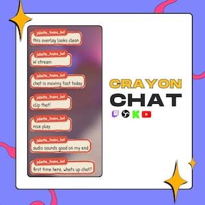 May include: A digital chat overlay graphic titled CRAYON CHAT with the text juliet_freire_bot followed by messages including this overlay looks clean, W stream, chat is moving fast today, clip that, nice play, audio sounds good, and first time here.