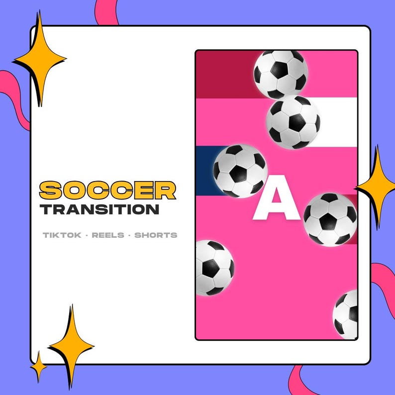 Pu&ograve; includere: Una grafica digitale con il testo SOCCER TRANSITION TIKTOK REELS SHORTS e una grande lettera A bianca. Il design include diversi palloni da calcio bianchi e neri disposti su uno sfondo a strisce orizzontali rosa, bianche e blu scuro.