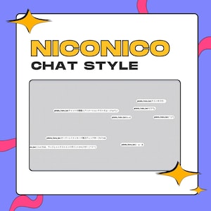 May include: A graphic with the words "NICONICO CHAT STYLE" in yellow and black. The image includes a gray box with Japanese text and speech bubbles. The background is blue with pink and yellow starburst shapes.
