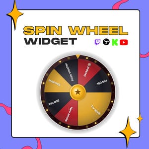 以下が含まれることがあります： SPIN WHEEL WIDGETというテキストとTwitch、OBS、Kick、YouTubeのアイコンが表示されたデジタルルーレットウィジェットのグラフィック。円形のホイールは、Jackpot、100 bits、Try again、New emote、500 bits、Prize voucherとラベル付けされた6つの色付きセグメントに分割されています。
