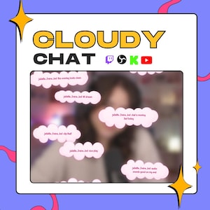 May include: A digital streaming overlay graphic titled CLOUDY CHAT in yellow and black text. It features pink cloud-shaped speech bubbles containing chat messages, with icons for Twitch, OBS, Kick, and YouTube displayed on a light purple background.