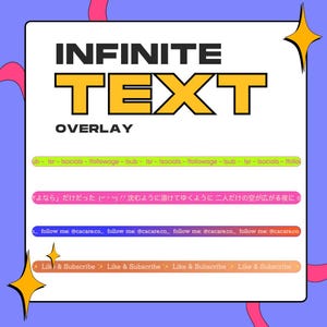 以下が含まれることがあります： 「INFINITE TEXT OVERLAY」の文字が黒と黄色の太字で書かれたデジタルグラフィック。画像には日本語と英語のテキスト、ソーシャルメディアのハンドルネーム、「いいね！と購読」のプロンプトが含まれています。