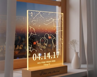 Luz nocturna con mapa estelar personalizado por fecha: regalo de aniversario personalizado para pareja, regalo romántico, T2
