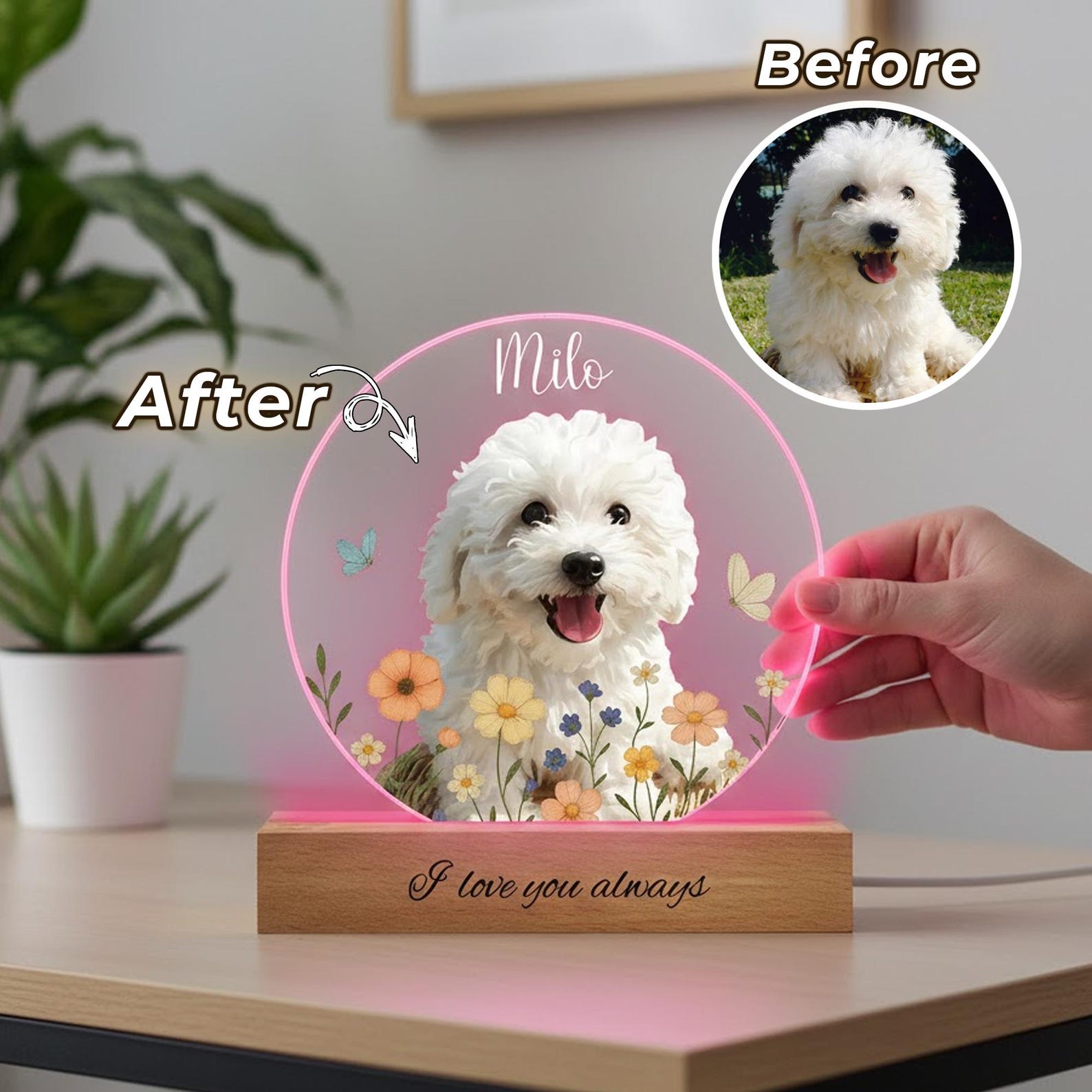 Personalized Dog Portrait LED Night Light, Custom Pet Memorial Gift ...