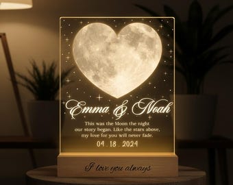 Lámpara de luna personalizada para pareja, luz de fase lunar personalizada, regalo de aniversario de boda, luz de noche romántica.