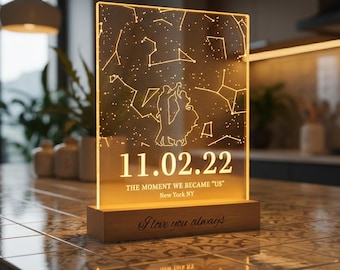 Luz nocturna con mapa estelar personalizado por fecha, regalo de aniversario para pareja, regalo romántico T4